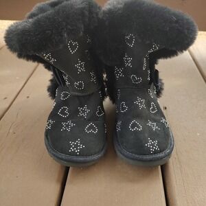 Kids Juicy Couture Black Suede Sparkle Star Heart Boots with Fur Trim Size‎ 3